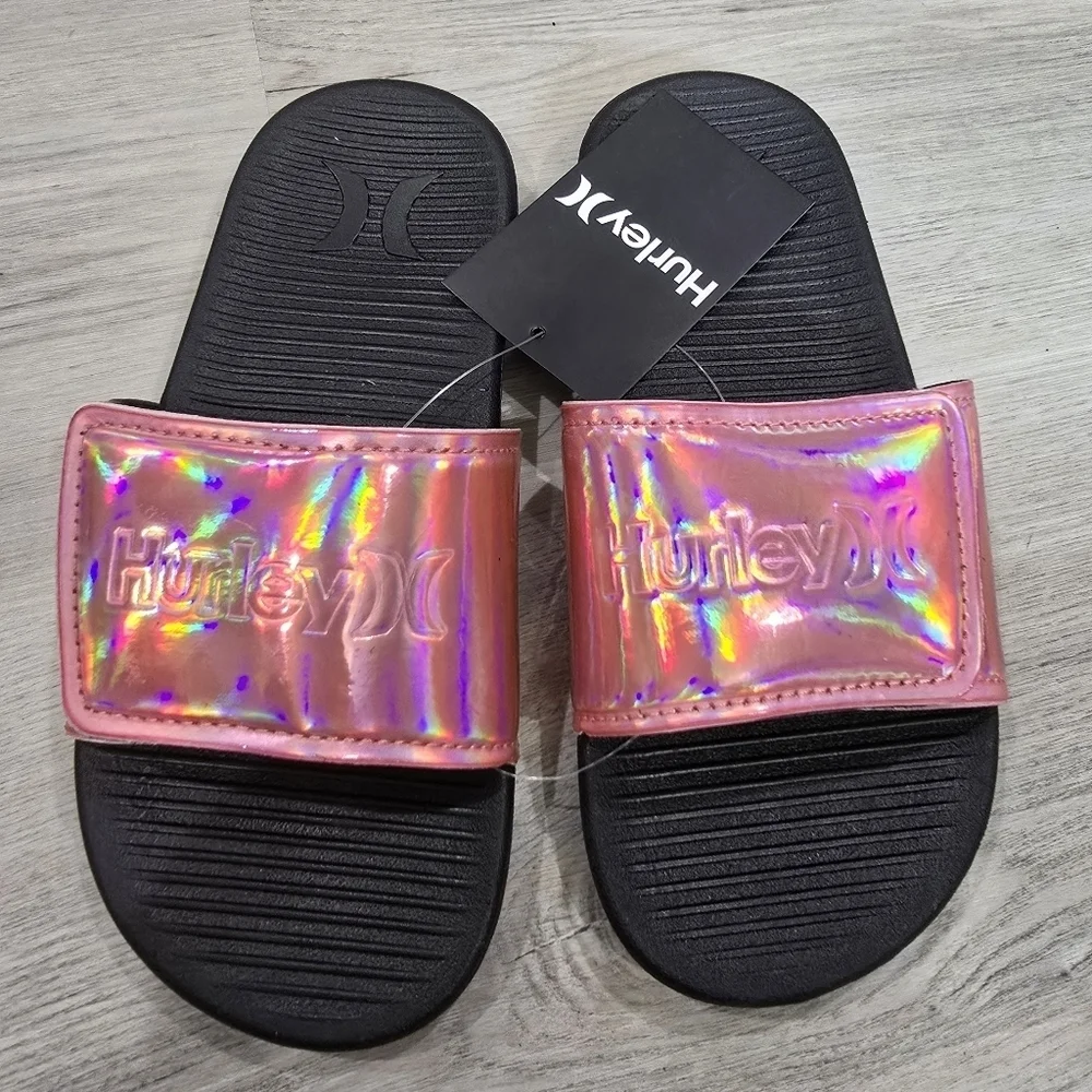 Hurley Kids Pink Metalic Slide Sandals with Logo NWT